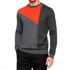 Calvin Klein Color Blocked Sporty Intarsia Crew Neck Sweater - Steel Grey Heather - Mens